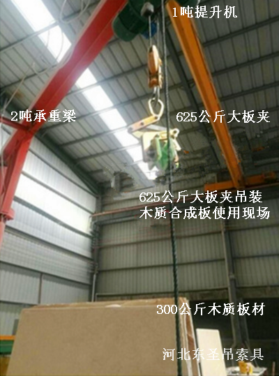 625公斤大板夾與提升機(jī)配合作業(yè)現(xiàn)場(chǎng)--河北東圣吊索具制造有限公司